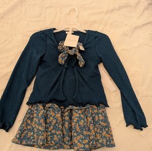Tahari Blue Layered Sweater And Skirt Set with Floral Detail